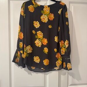 LOFT Black Blouse with Orange and Yellow Floral Design